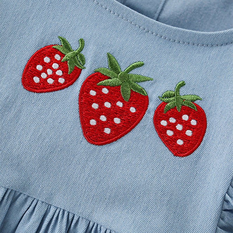 Girls' Summer Denim Dress with Strawberry Embroidery