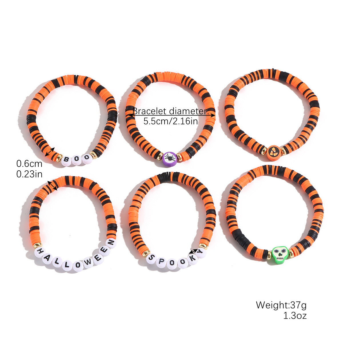 Pumpkin Skull Halloween Bracelets Stretchy Beaded Orange & Black Clay Charm Set