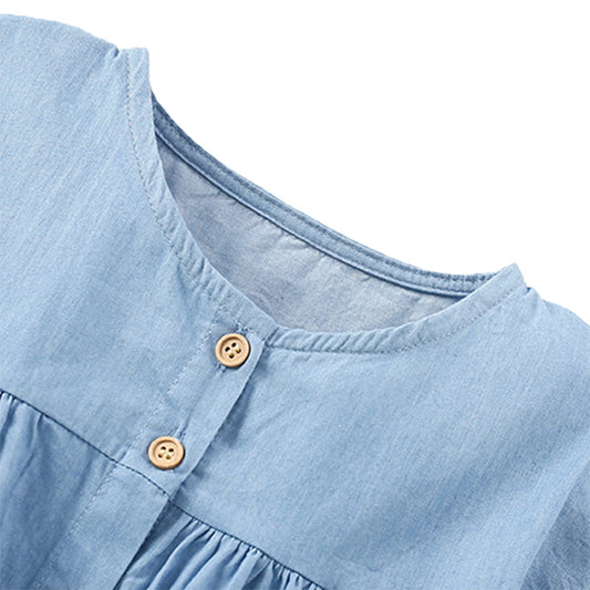 Girls Denim Dress Summer Round Neck Short Sleeve Solid Buttons