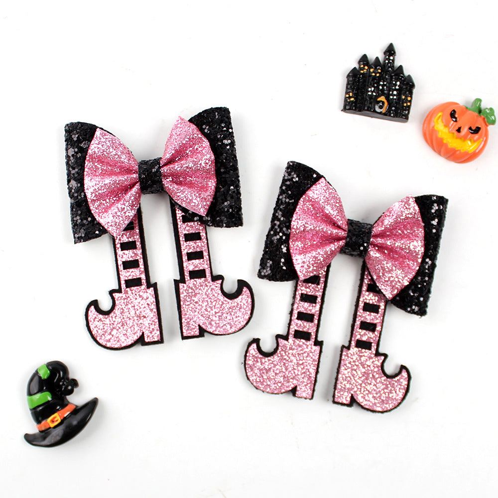 Halloween Glitter Shiny Boot-Shaped Hair Clip Sparkly Bow Hairpin for Kids