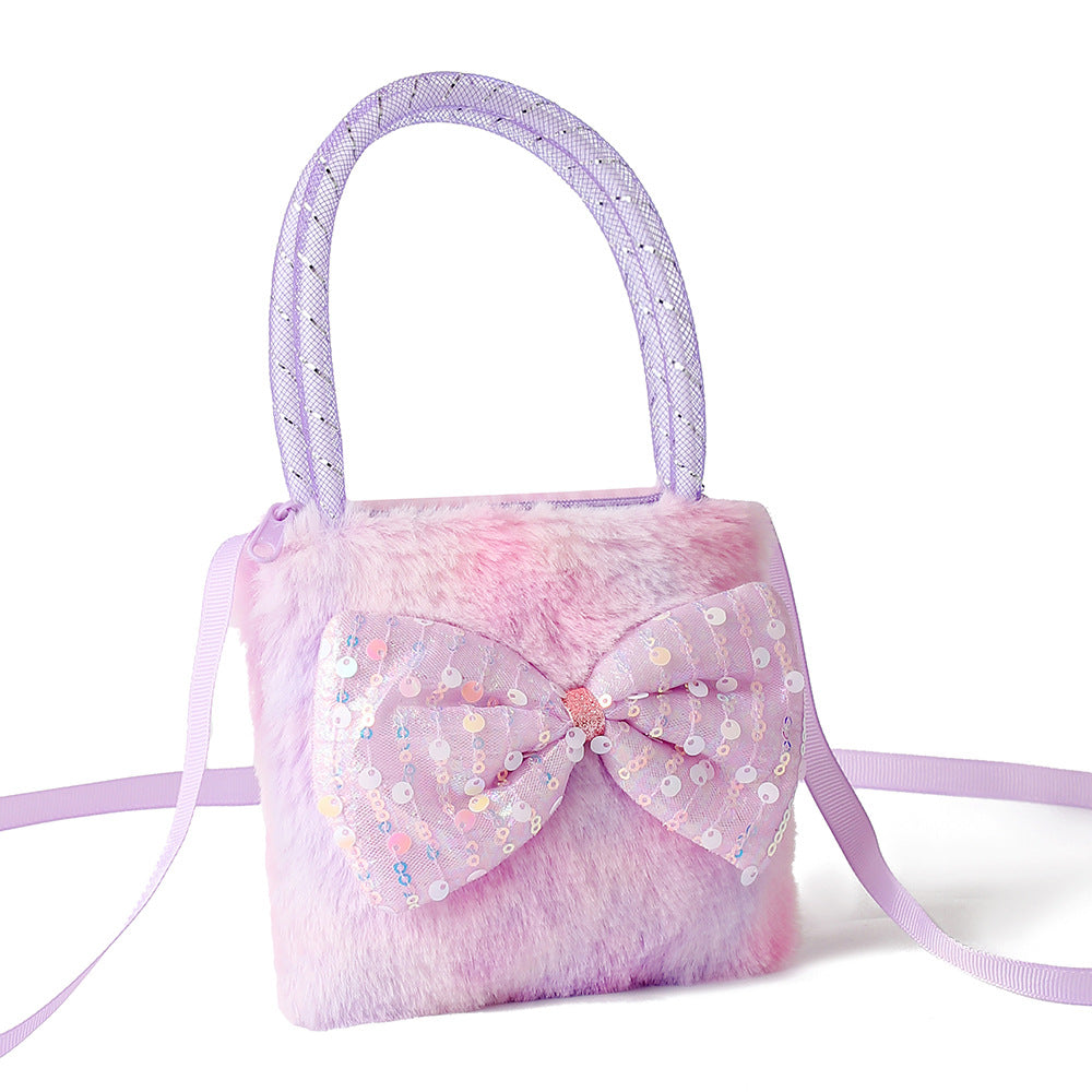 Girls' Plush Crossbody Bag Tie-Dye with Sequin Bow Design 2 colors