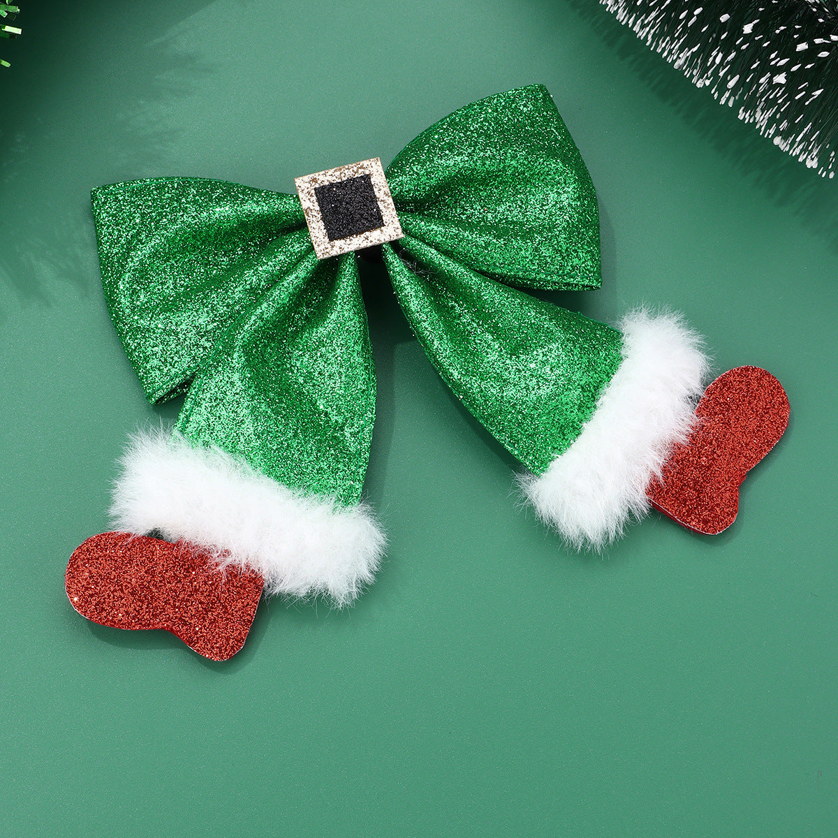 Christmas Glitter Bow Hair Clip with Santa Belt and Furry Trim Holiday Hair Accessory