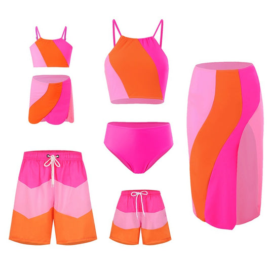 Pink and Orange Family Matching Swimsuits Color Block Style