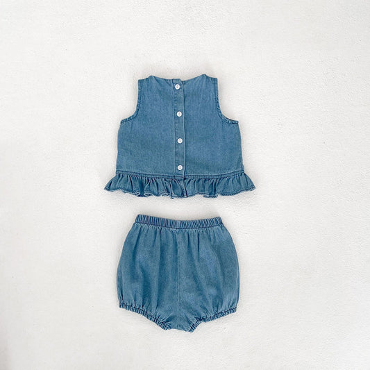 Baby Girls Embroidered Soft Denim Cotton Sleeveless Outfit Set