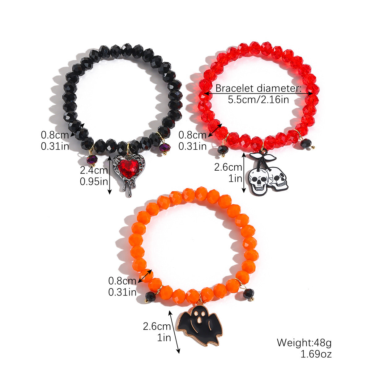Pumpkin Skull Halloween Bracelets Stretchy Beaded Orange & Black Clay Charm Set