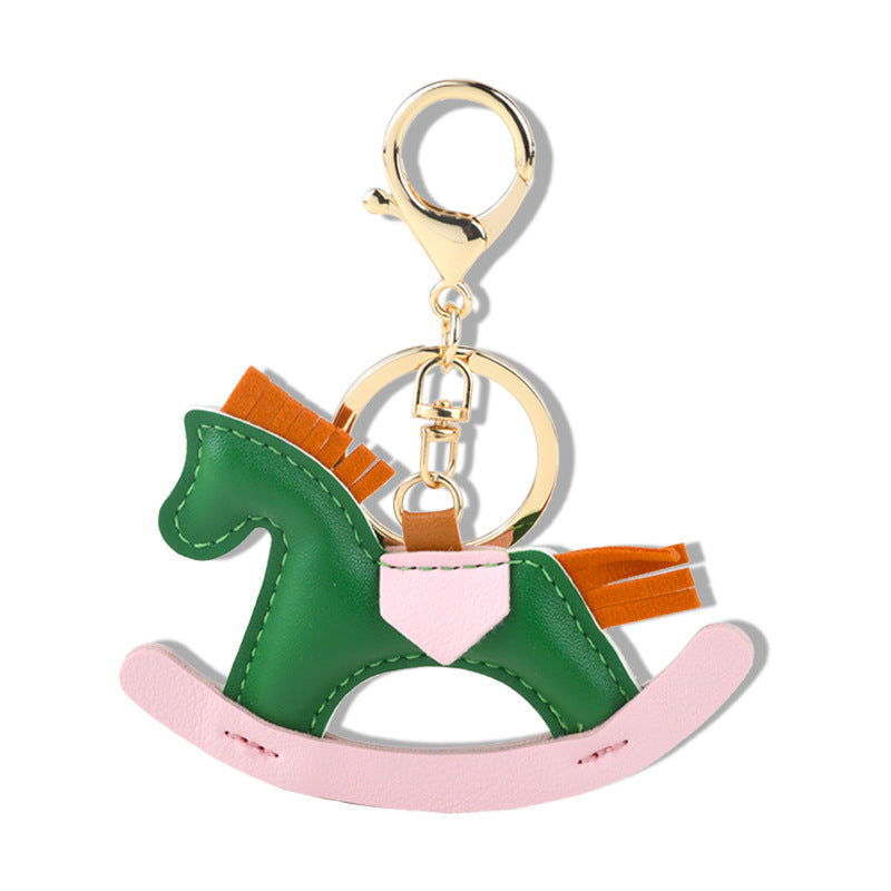 Leather Rocking Horse Wrist Strap Keychain Animal Shaped Bag Charm Car Key Pendant