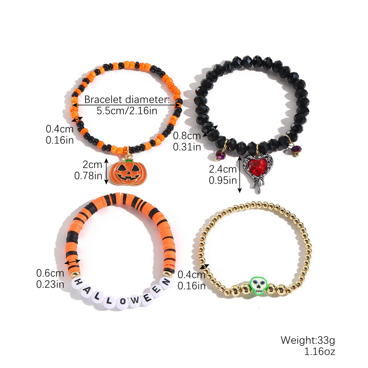 Pumpkin Skull Halloween Bracelets Stretchy Beaded Orange & Black Clay Charm Set