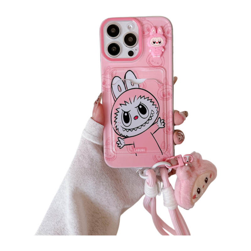 Cartoon Labubu Print Phone Case with Lanyard & Plush Labubu Charm, Shockproof for iPhone