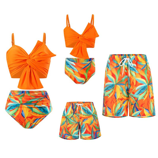 Tropical Family Matching Swimsuits Vibrant Orange & Leaf