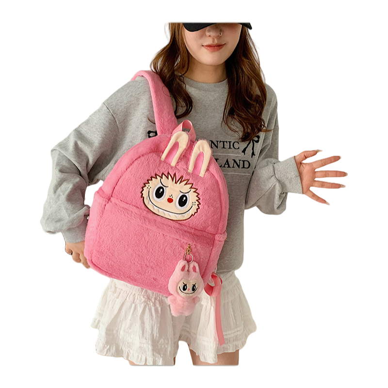 Kids Girls Labubu Plush Backpack Large-capacity Character Doll School Bag With Charm