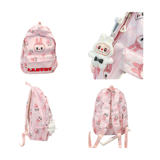 Labubu Trendy Print Large Backpack Back To School Bag With Keychain Charm