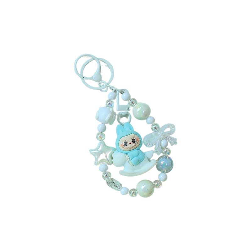Flocked Labubu Keychain Rocking Horse Character Bag Charm Pendant with Chain