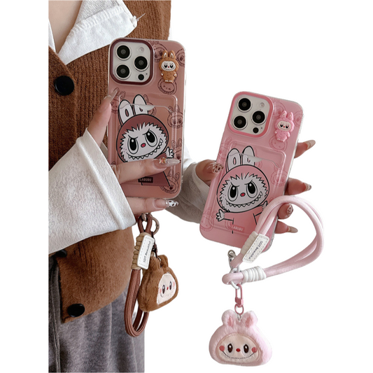 Cartoon Labubu Print Phone Case with Lanyard & Plush Labubu Charm, Shockproof for iPhone