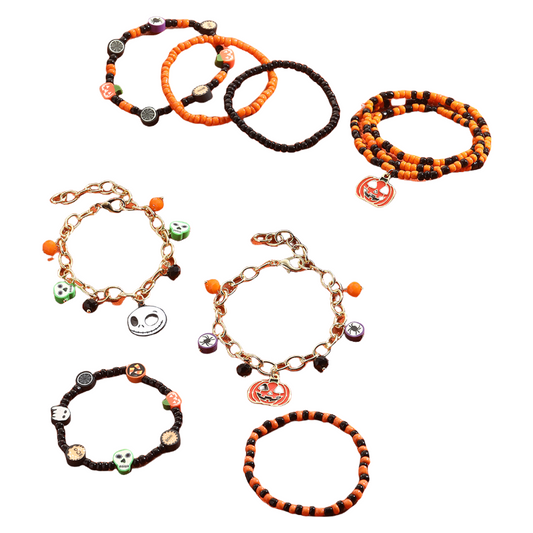 Pumpkin Skull Halloween Bracelets Stretchy Beaded Orange & Black Clay Charm Set
