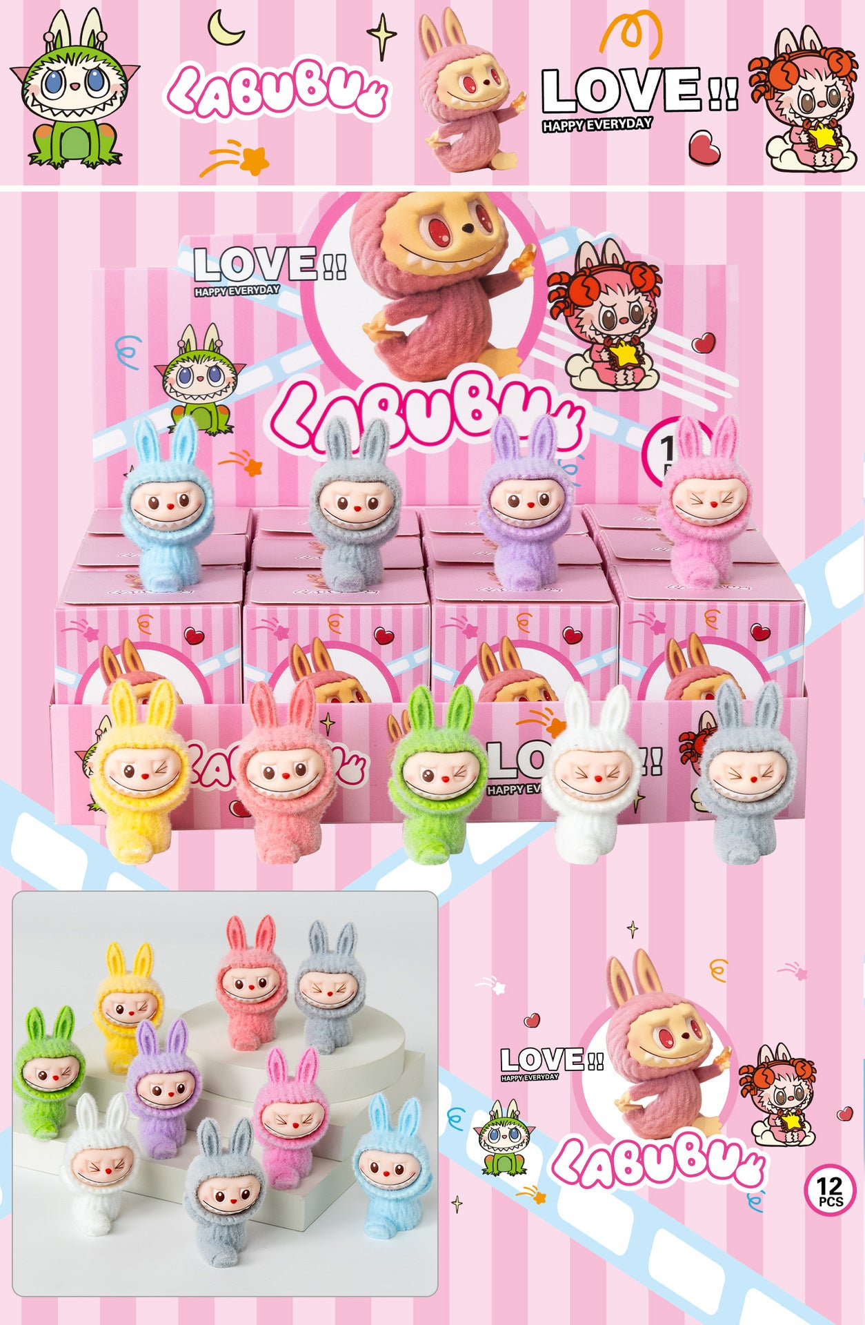 Labubu Flocked Vinyl Figure Collectible Toy Blind Box Surprise Trendy Desk Decor 12Pcs