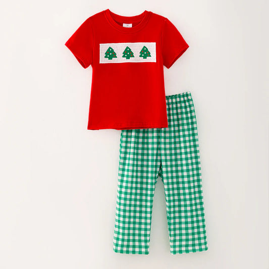 Boys Brother Christmas Tree Embroidery Smock Red Green Outfit