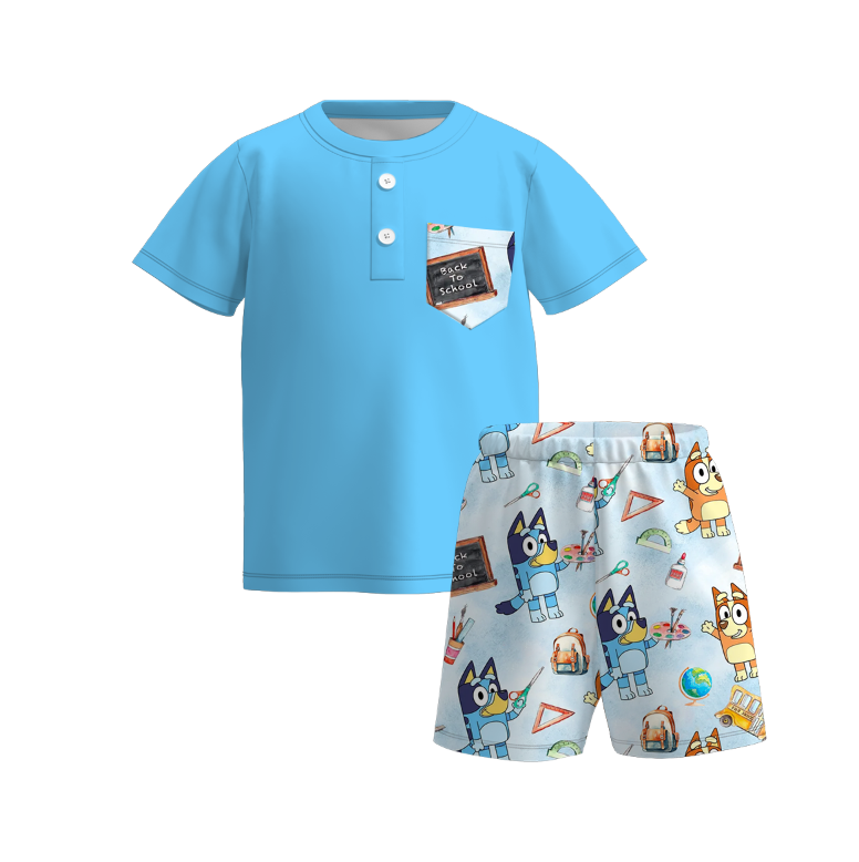 Boys Back To School Cartoon Print Milk Silk Short Set