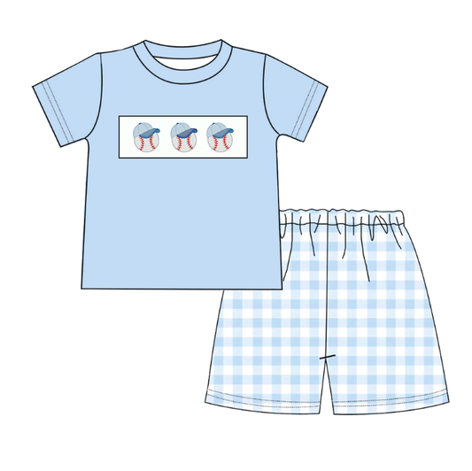 Summer Boys Brother Baseball Embroidery Blue Plaid Set And Romper