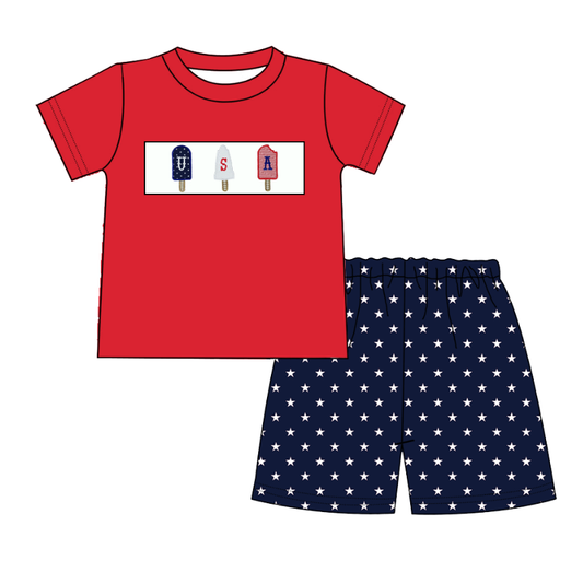 Summer Boys Brother July 4th Embroidery Popsicle Set And Romper