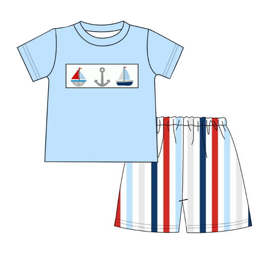 Boys Brother July 4th Embroidery Sailing Boat Anchor Outfits