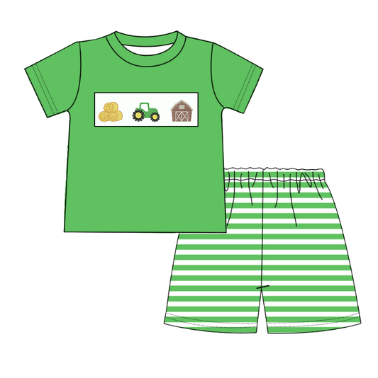 Boys Brother Summer Farm Embroidery Green Stripes Outfits