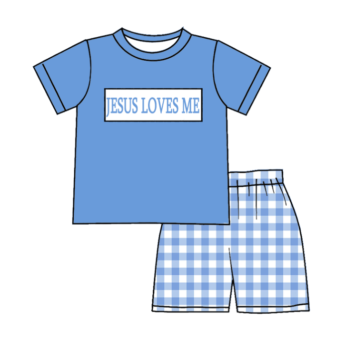 Boys Summer "JESUS LOVES ME" Blue Plaid Embroidery Short Set