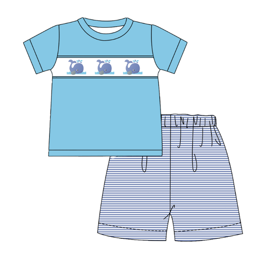 Kids Sibling Summer Whale Embroidery Smocked Matching Clothes