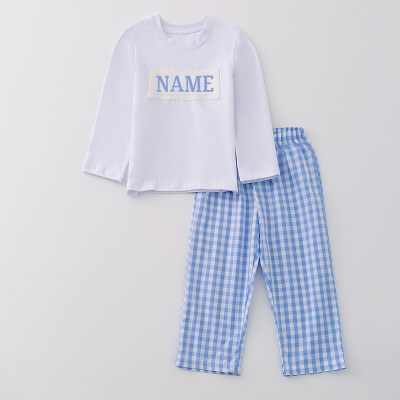Boys Fall Winter Blue Plaid Custom Name Smocked Pant Set