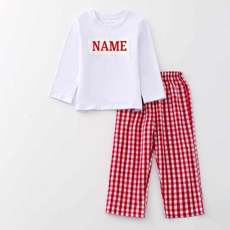 Boys Christmas Red Plaid Custom Name Smocked Pant Set