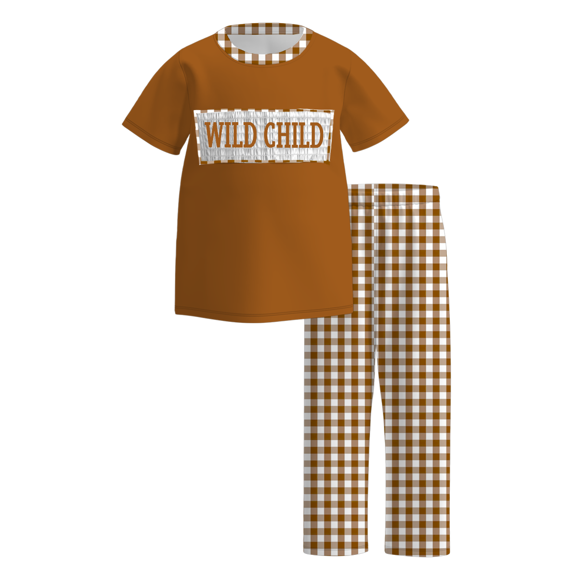 Kids Fall WILD CHILD Embroidery Brown Floral Plaid Sibling Clothes