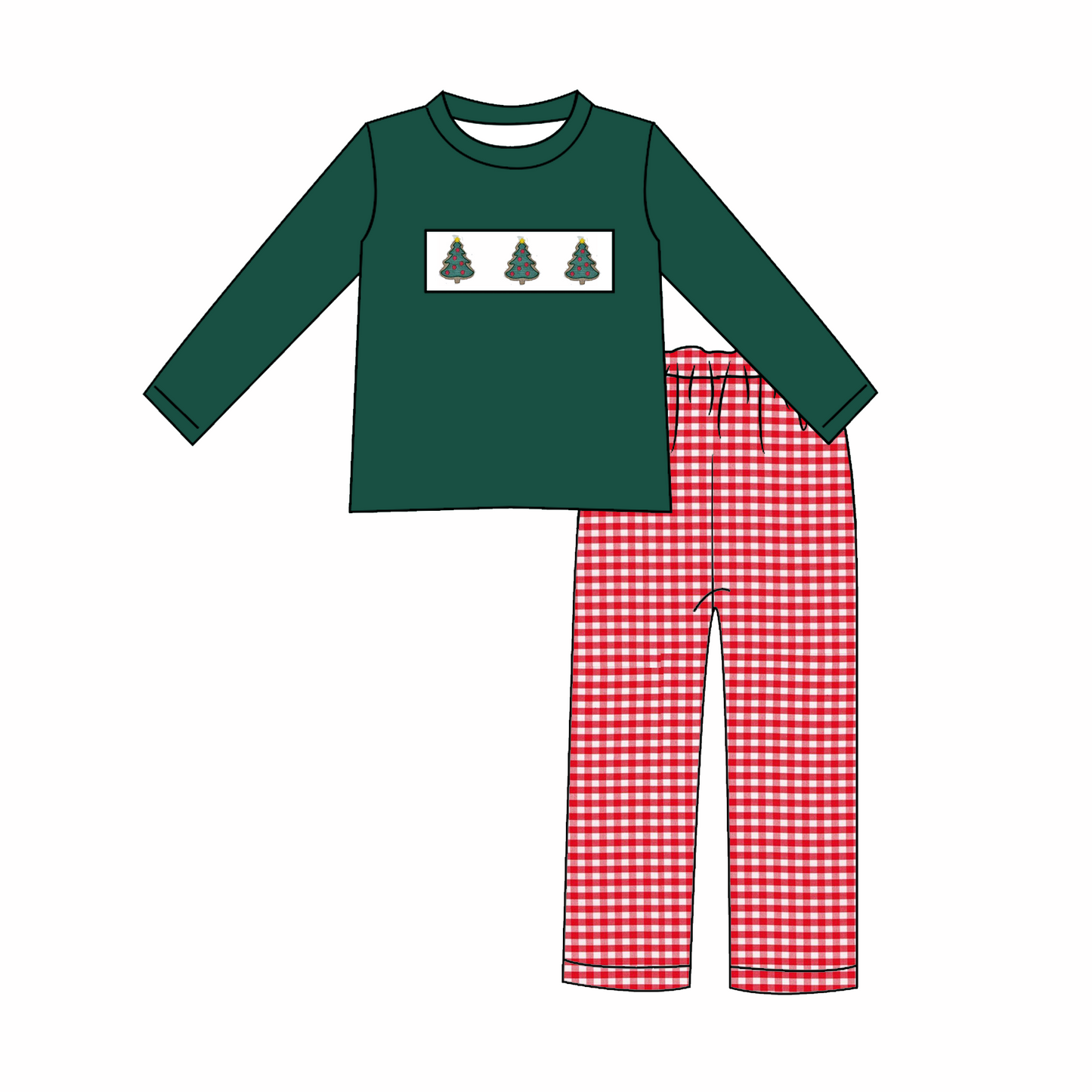 Christmas Smocked Collection โ Red Gingham with Christmas Tree Embroidery