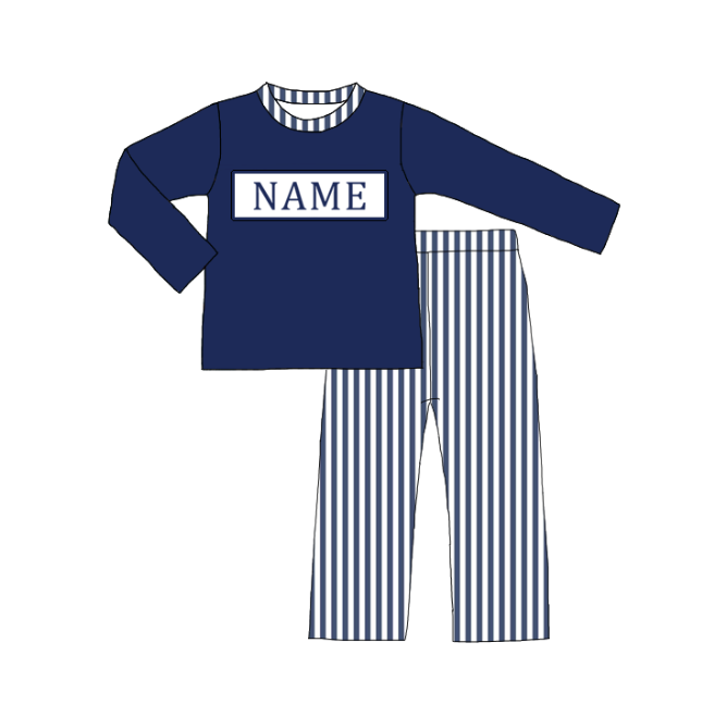Kids Fall Christmas Custom Name Embroidery Blue Stripes Sibling Outfits
