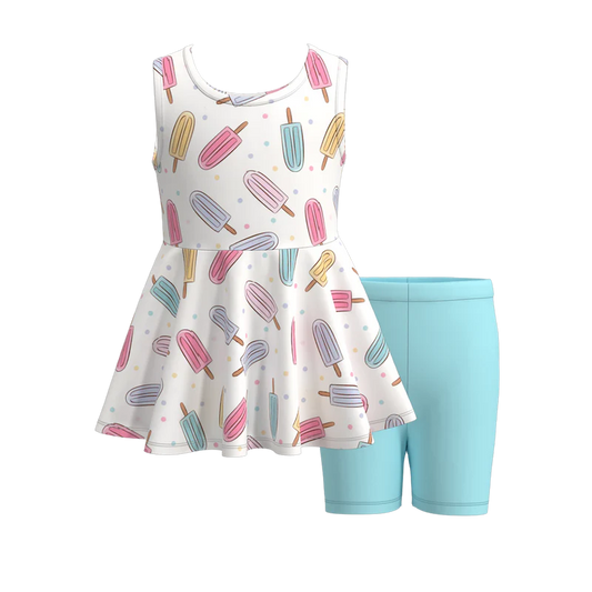 Girls Summer Patriotic Ice-Cream Bow Print Short Set