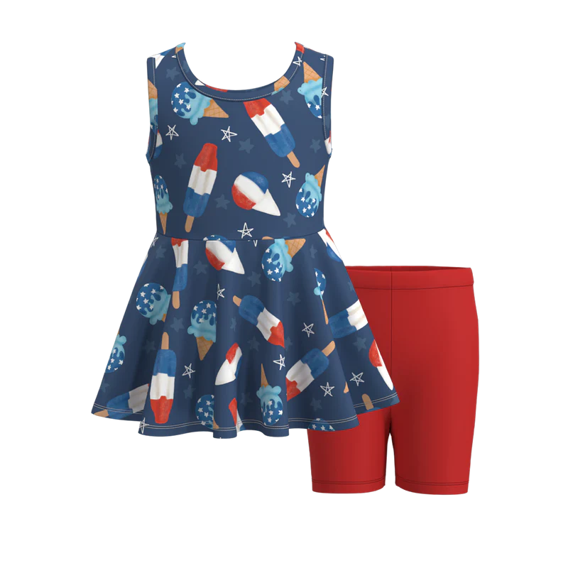 Girls Summer Patriotic Ice-Cream Bow Print Short Set