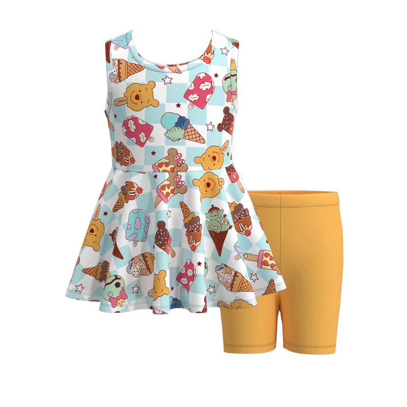 Girls Summer Patriotic Ice-Cream Bow Print Short Set