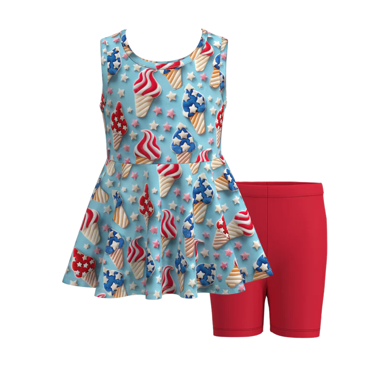 Girls Summer Patriotic Ice-Cream Bow Print Short Set