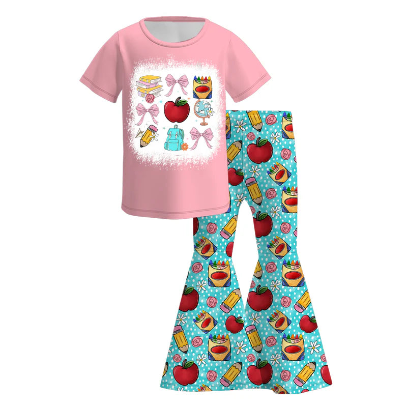 Girls Back To School Apple Bow Pencil Print Short Sleeves Set