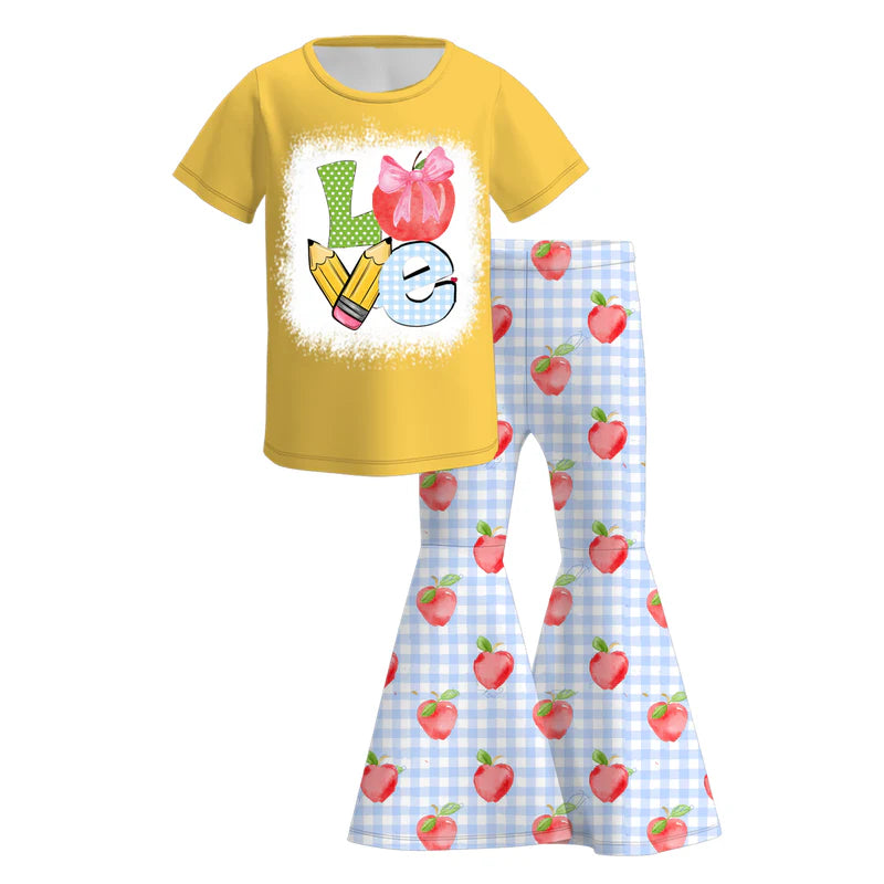 Girls Yellow LOVE Short Sleeves Tops Back To School Print Set