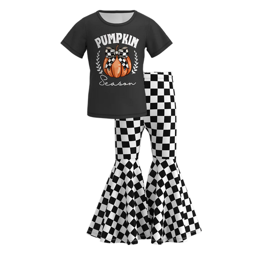 Girls Halloween Pumpkin Ghost Bow Print Bell Pant Sets