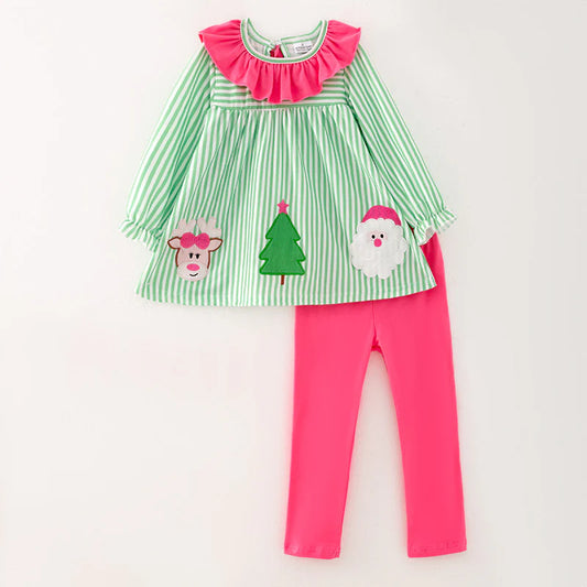 Girls Reindeer Christmas Tree Santa Embroidery Green Stripes Dress & Pant Set
