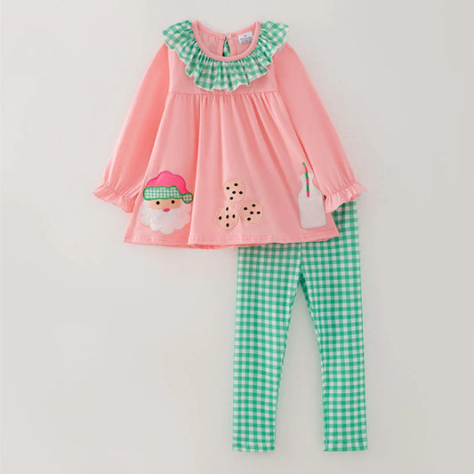 Girls Christmas Santa Cookies Embroidery Pink Green Plaid Set & Dress