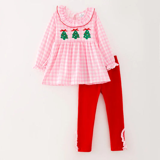 Girls Christmas Pink Plaid Christmas Tree Emrboidery Outfit Set Dress
