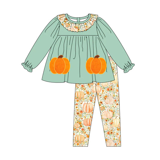 Girls Halloween Pumpkin Applique Floral Print Sibling Clothes