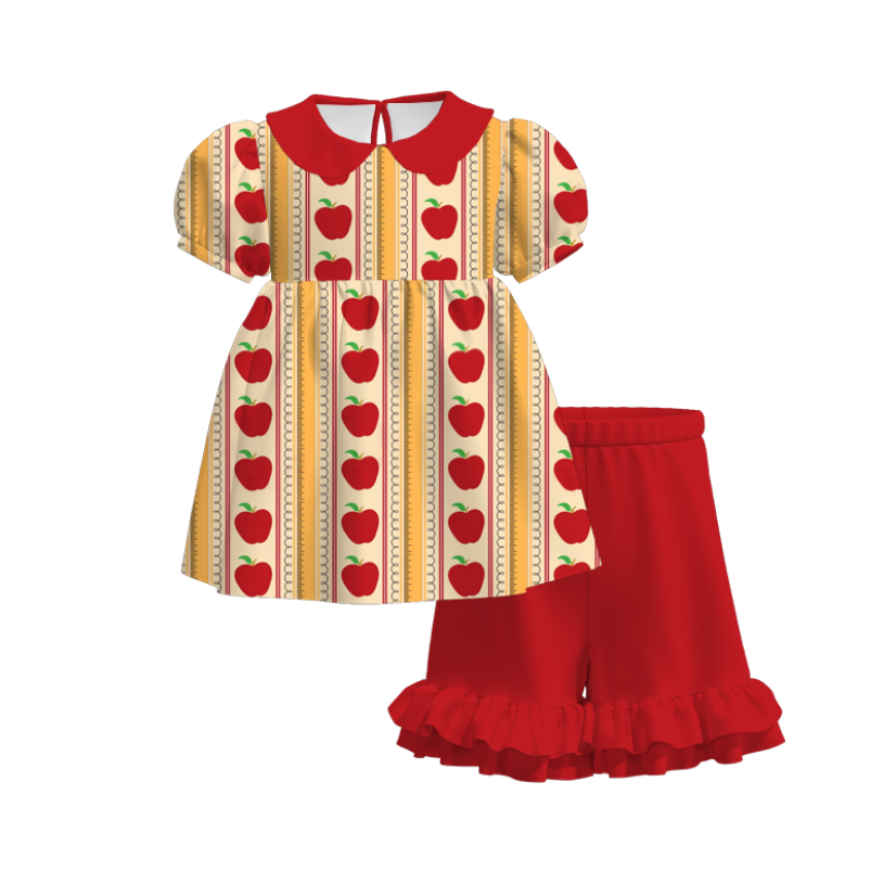 Girls Back To School Apple Red Gold Dress & Short Set