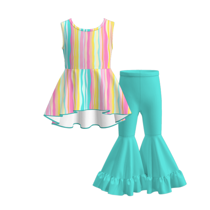 Girls Summer Rainbow Print Fashion Dress Bell Pant Set