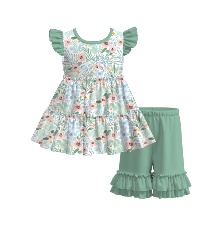 Girls Summer Green Floral Print Soft Dress & Short Set