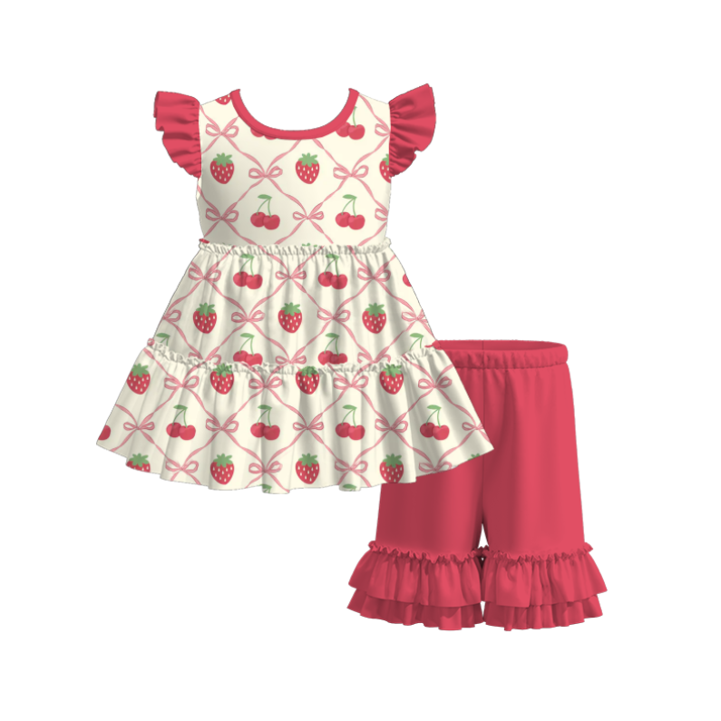 Girls Summer Red Cherry Strawberry Print Soft Dress & Short Set