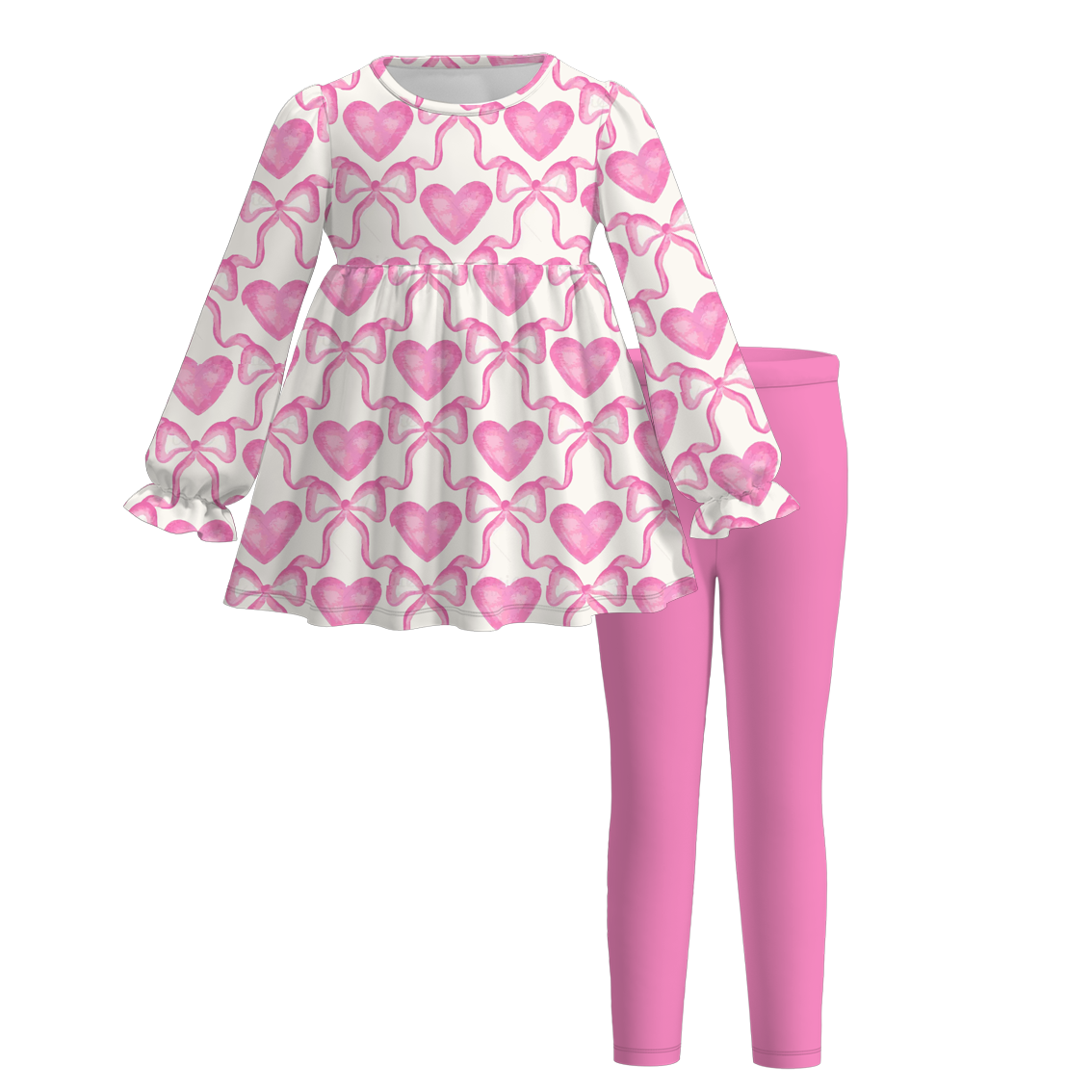 2026 Valentine's Day Girls Bow Heart Long Sleeves Outfit Set