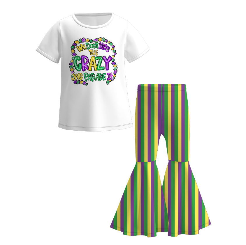2026 Spring Girls Mardi Gras Print Short Sleeves Top+Pant Set