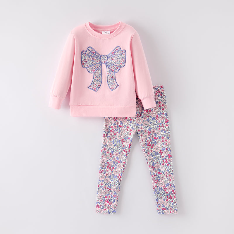Girls' Fall Winter Floral Bow Pink Embroidery Pant Set